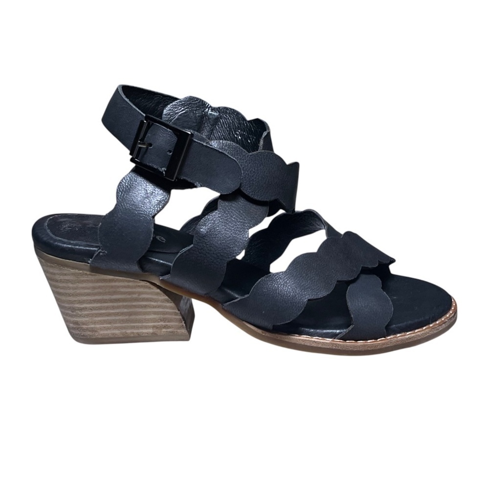 ANTELOPE Black Leather Scallop Crossover Ankle Strap Sandals Heels Size 37 6 6.5